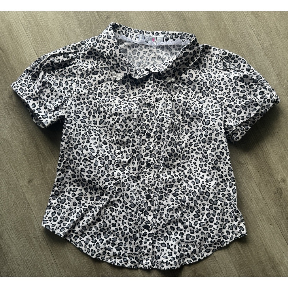 YBS Taiwan Leopard Print Button Front Blouse Womens L Puff Sleeve Top